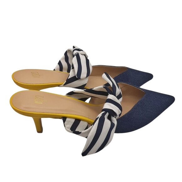 Cabi Style 6022 Striped Bow Kitten Heel Mules in Navy and Yellow SZ 10 - Picture 1 of 15